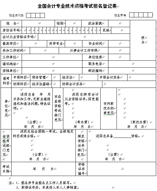 2012年全国会计专业技术资格考试报名登记表_中级会计职称_考试动态